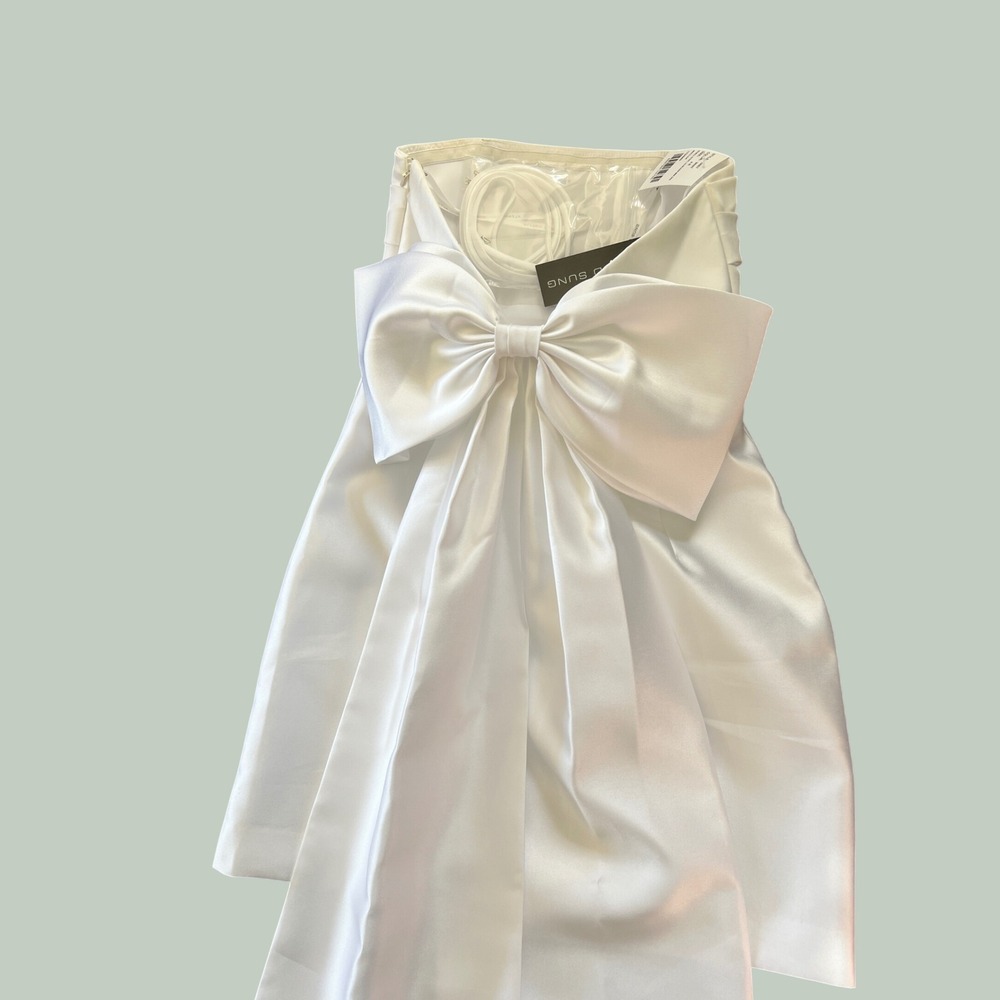 NWT Alfred Sung White Strapless Mini Dress Back Bow Train D857 SZ 4R - Picture 7 of 10
